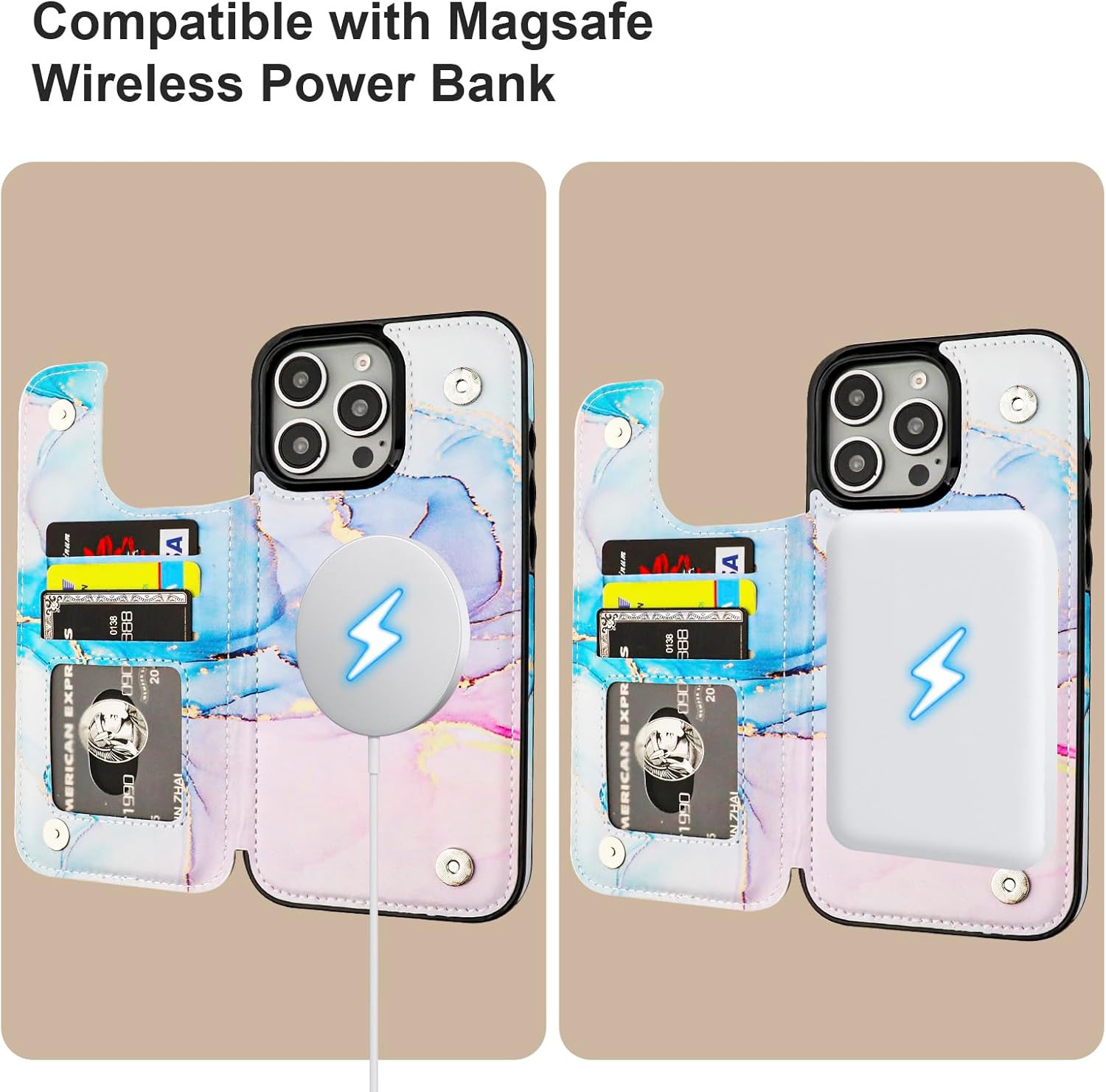 HAOPINSH for iPhone 16 Pro Max Case Wallet Compatible with MagSafe Wireless Charging, Pink Blue Marble Pattern Back Flip Folio PU Leather Kickstand Card Slots Case Double Magnetic Clasp Cover 6.9"