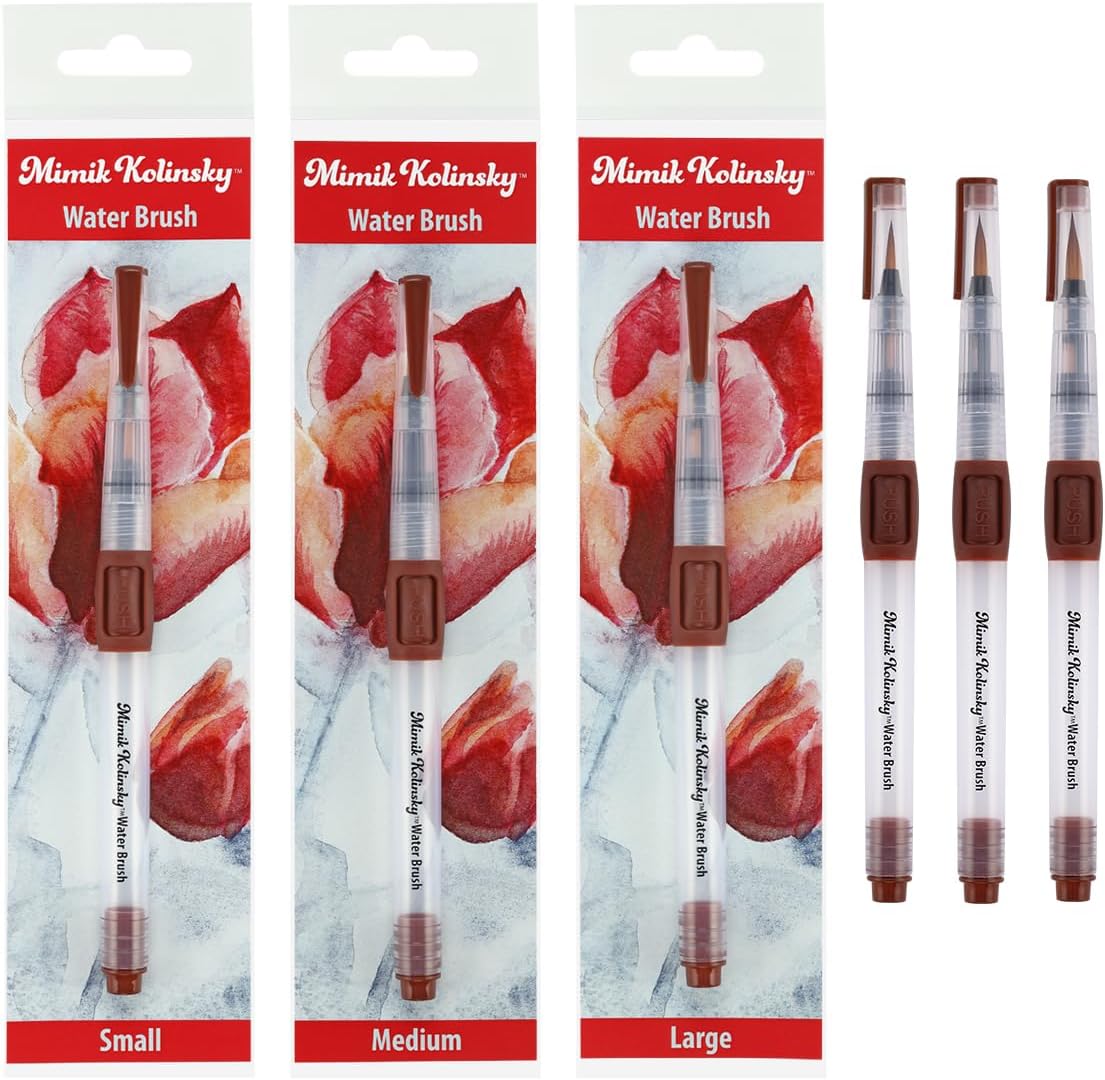Mimik Kolinsky Synthetic Water Brush, 3 Pack Rounds, 3, 4, 5mm - Handmade in Germany, Watercolor Brushes with Highly Absorbent Bristles, See-Through Water Reservoir, Perfect for Ink & Watercolor