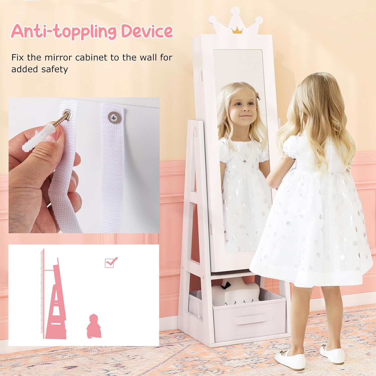 Costzon Kids Jewelry Armoire, 45.5" Standing Jewelry Cabinet with Full-Length Mirror, Large Capacity, Back Storage Shelf, Kids Vanity Dress Up Mirror Jewelry Organizer for Little Girls (White)