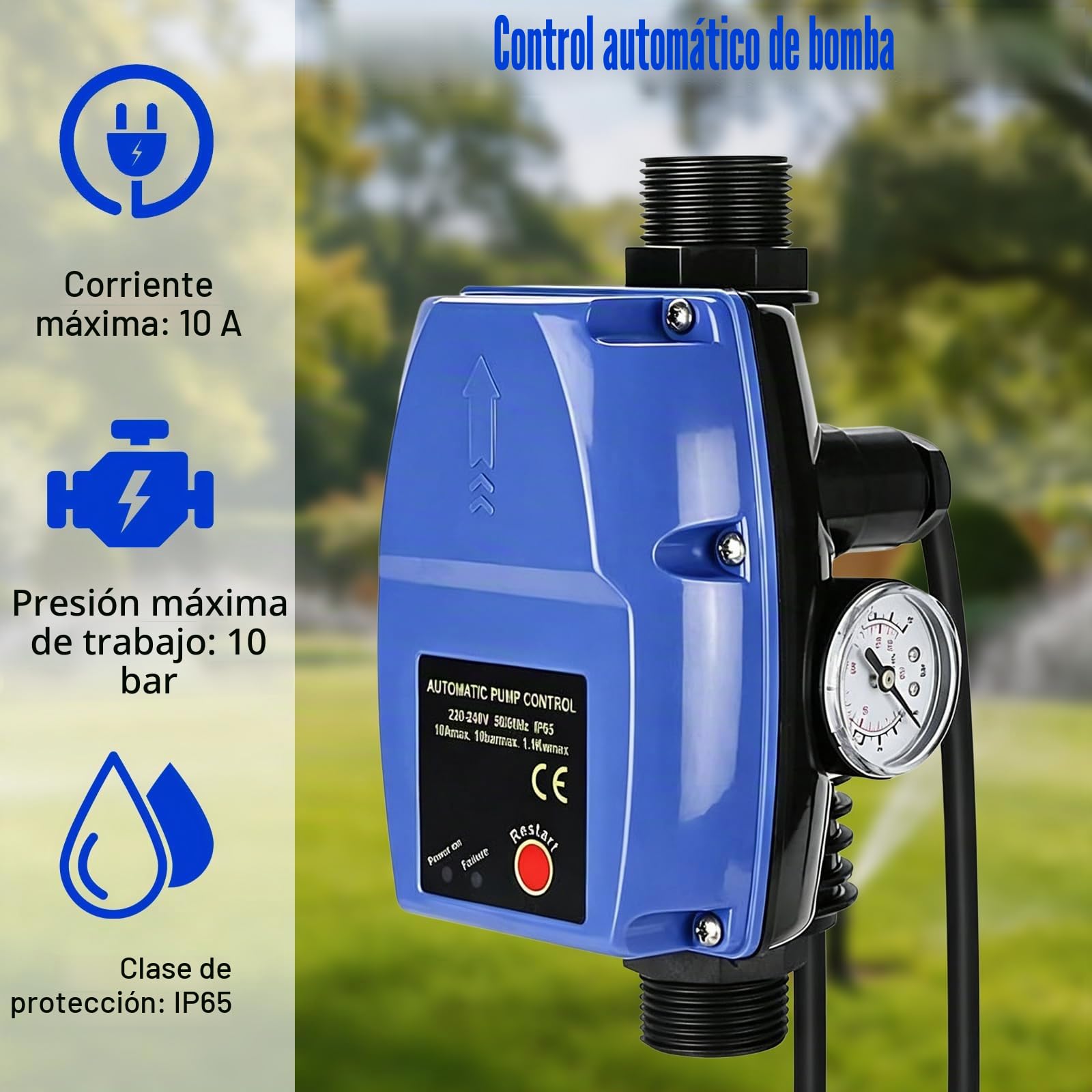 Control de bomba, bomba de aumento de presión de agua con protección contra marcha en seco, indicador de presión y cable, control de bomba IP65, interruptor de presión máx. 10 bar, presostato