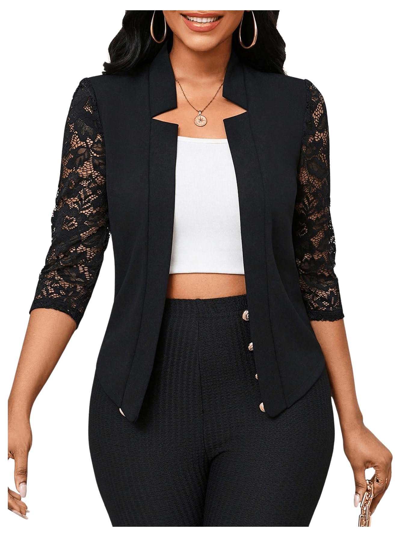 GORGLITTER Womens Lace 3 4 Sleeve Blazer Jackets Casual Business Interview Lightweight Blazer Office Work Outfits