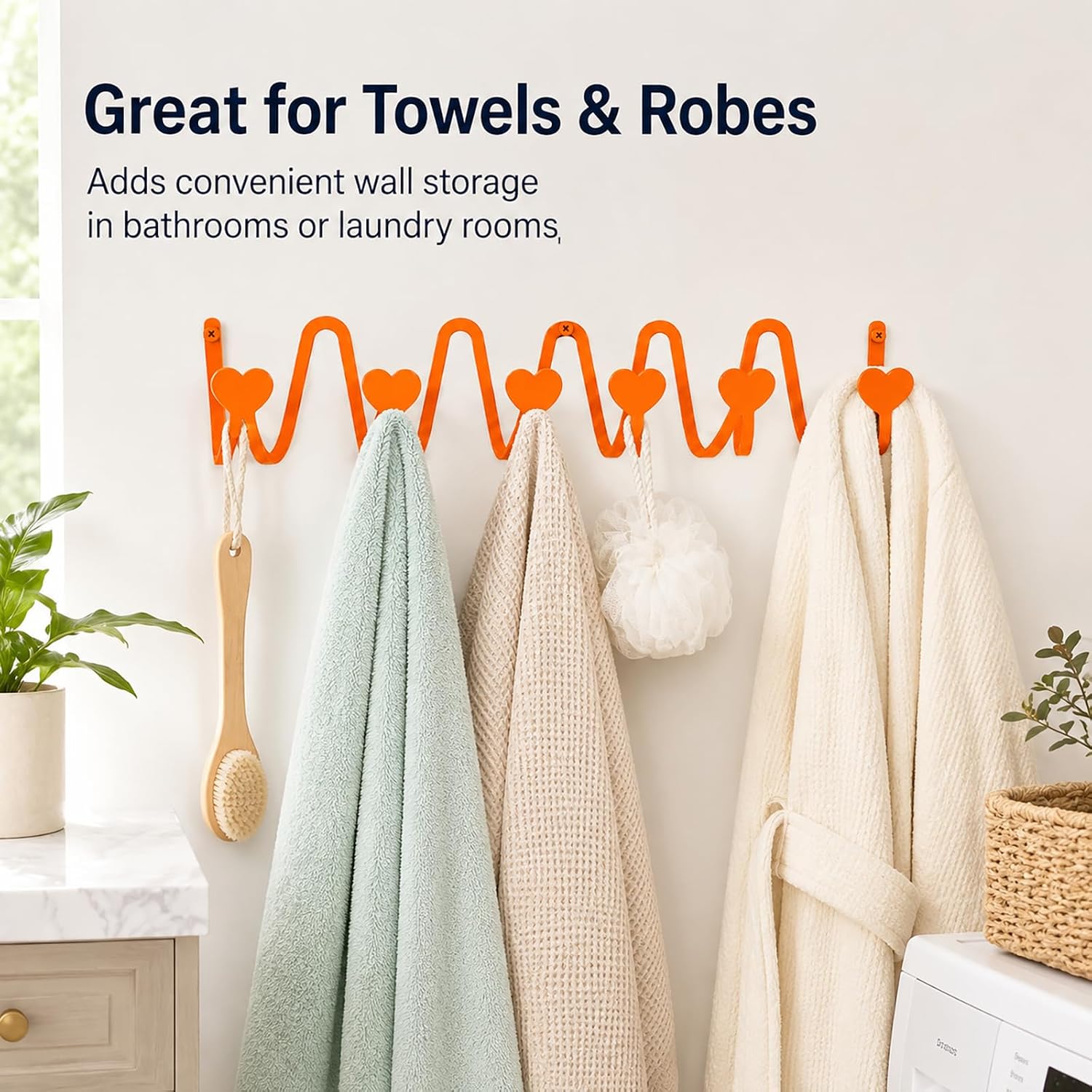 Heart Shaped 6 Hooks Wall Mounted Hood Rack, Heavy Duty Acrylic Wave Wall Hook Rail Orange Multifunction Hook for Hat, Scarf, Bags, Towel, Entrance Bedroom Storage