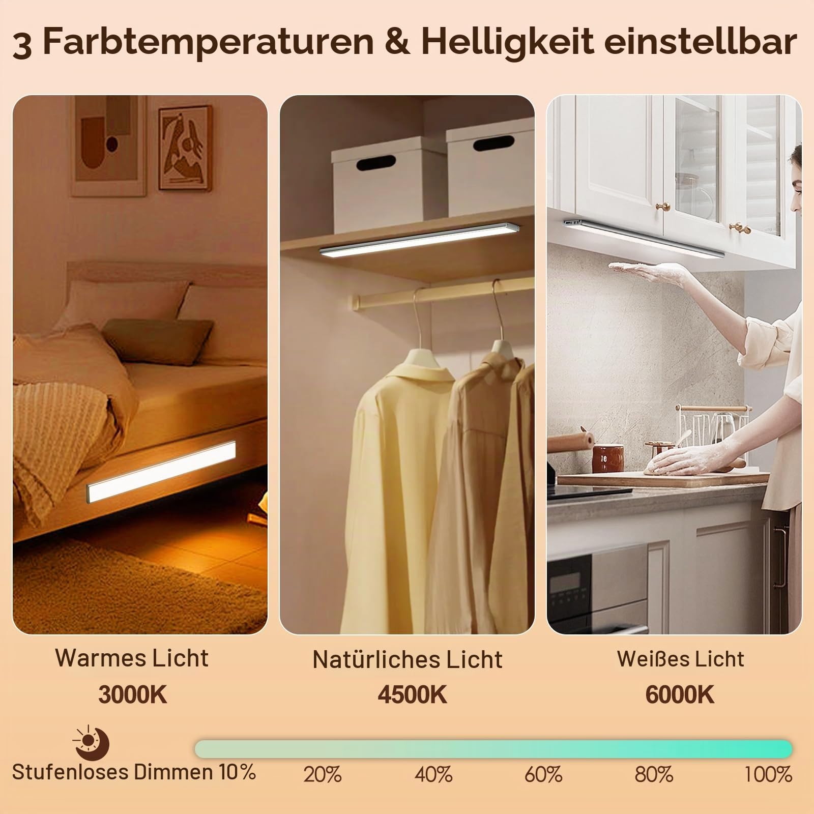Quntis 40cm Schrankbeleuchtung Kabellos mit Bewegungsmelder 2er Set 186 LED 3 Farben Schranklicht Vollflächig Unterbauleuchte Küche Dimmbar Leiste 2500mAh Akku Unterschrank Beleuchtung Flur Bad Treppe