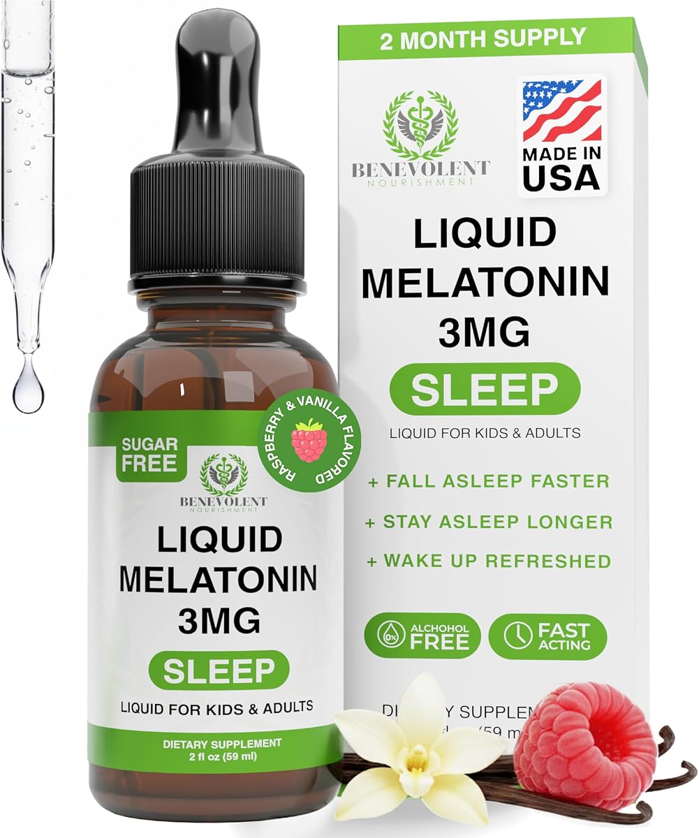 Benevolent Liquid Melatonin Drops for Adults and Kids 3mg – 2 Fl Oz | Fast-Acting Sleep Drops to Fall Asleep Faster & Longer - Non-GMO & Made in USA – Berry Vanilla Flavor, 2 Month Supply