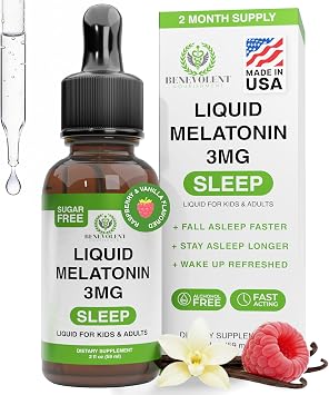 Benevolent Liquid Melatonin Drops for Adults and Kids 3mg - Fast-Acting Sleep Drops to Fall Asleep Faster & Longer - Non-GMO & Made in USA - Berry Vanilla Flavor, 2 Month Supply