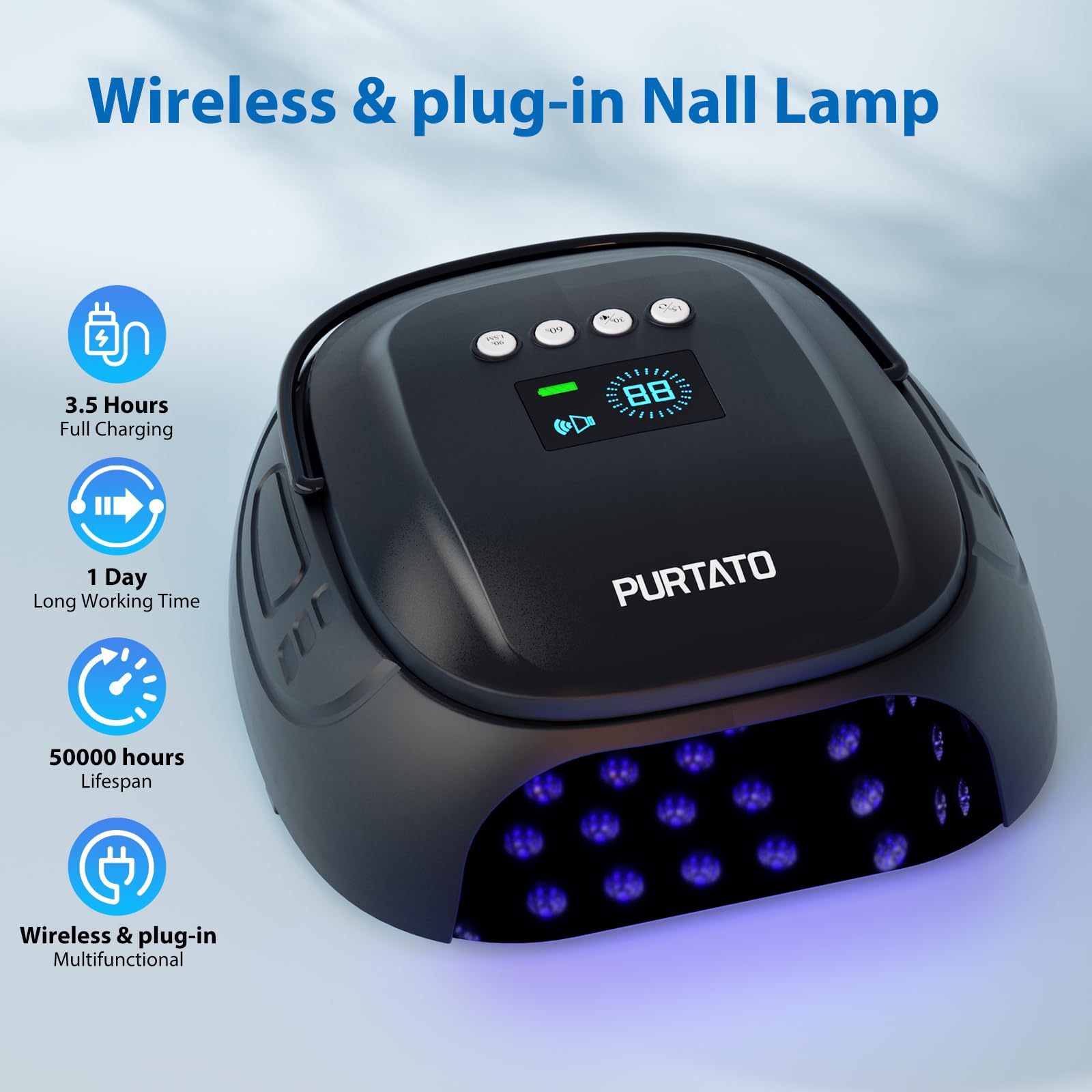Purtato Wiederaufladbare UV Nagellampe, UV Licht für Gelnägel mit 4 Timer-Einstellungen, 126W Professioneller Schnell Aushärtender Nageltrockner für Gelpolitur für Salon oder Zuhause (Schwarz)