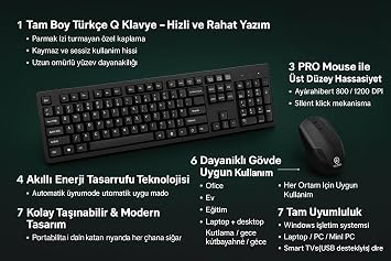 Kablosuz Türkçe Q Klavye Mouse Seti, 2.4GHz USB Alıcılı, Sessiz Tuş Mekanizması, 1600 DPI Ayarlanabilir Mouse, Ergonomik Tasarım, Tam Boy 104 Tuş Klavye, Windows ve Mac Uyumlu
