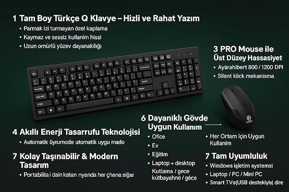 Kablosuz Türkçe Q Klavye Mouse Seti, 2.4GHz USB Alıcılı, Sessiz Tuş Mekanizması, 1600 DPI Ayarlanabilir Mouse, Ergonomik Tasarım, Tam Boy 104 Tuş Klavye, Windows ve Mac Uyumlu