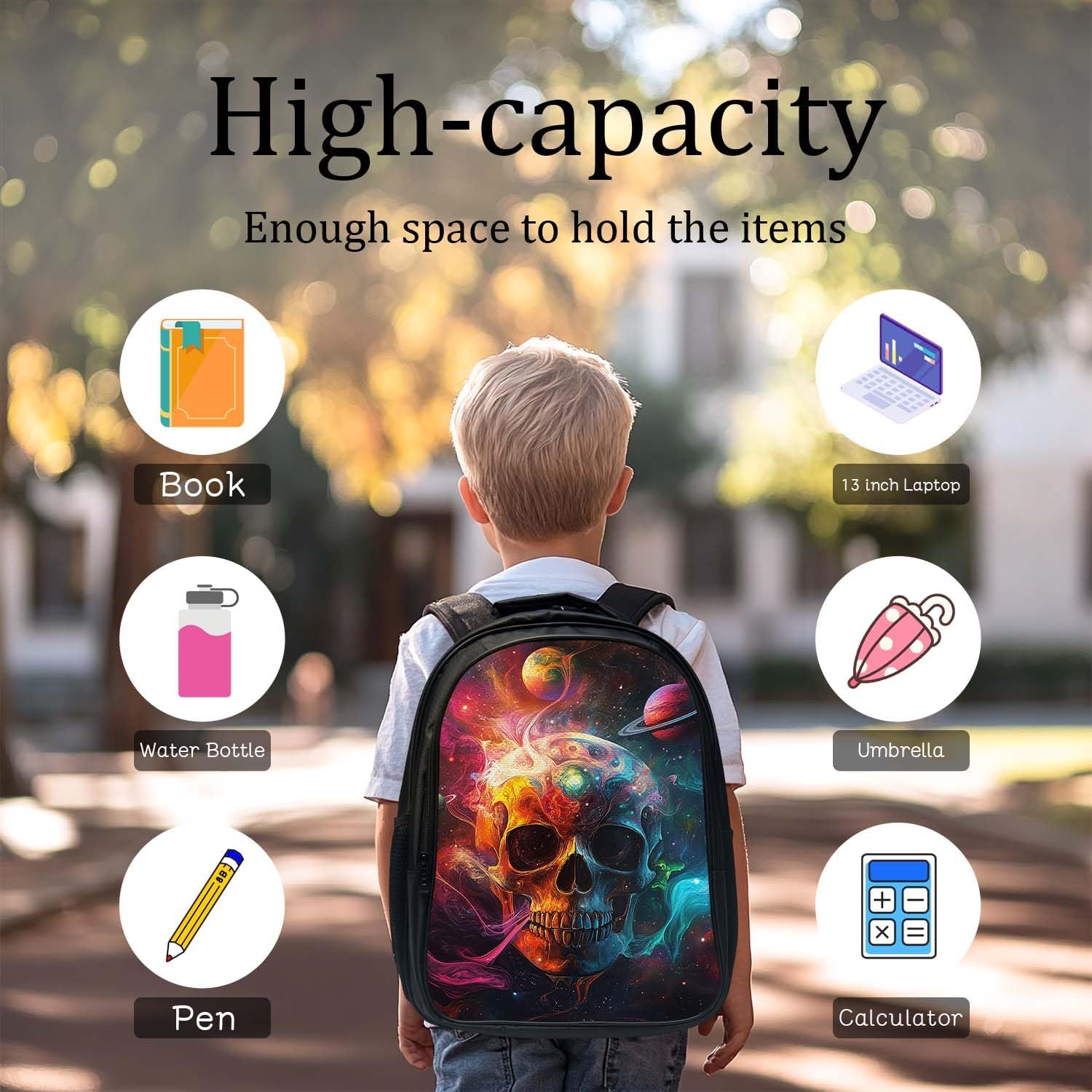 Skull Backpack 3PCS 16" Preschool Elementary Schoolbag with Lunch Box Pencil Case Bookbag Set for Girls Boys Kids Children Teens School Students - Image 7