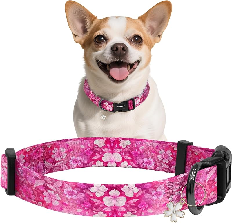 Coleira ajustável para cães em nylon macio com estampa de flores Pink White Flowers M kazazoo