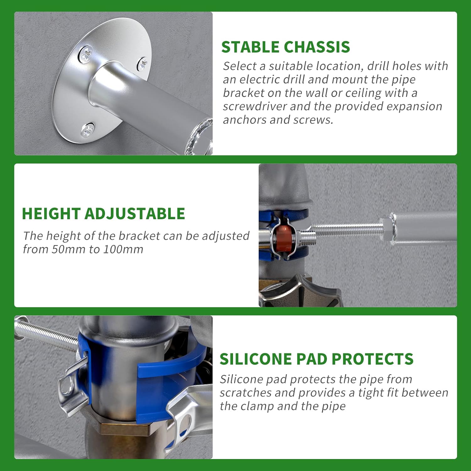 4PCS 304 Stainless Steel Wall Mount Ceiling Mount Adjustable Pipe Supports，Adjustable Pipe Strap Bracket，Suitable for 3/4 inch diameter tubes (25-28mm) with Screws，Adjustable Height 50-100mm