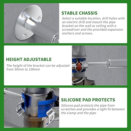 Miniatura 6 de TAISHER 4 soportes de tubo ajustables de acero inoxidable 304 para montaje en pared, soporte de correa de tubo ajustable, adecuado para tubos de 1