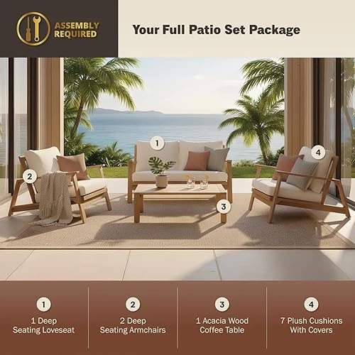Miniatura 2 de Juego de sofá modular de madera de acacia de 4 piezas para exteriores con sofá biplaza, sillones, mesa auxiliar, juego de chat de 4 plazas, juegos