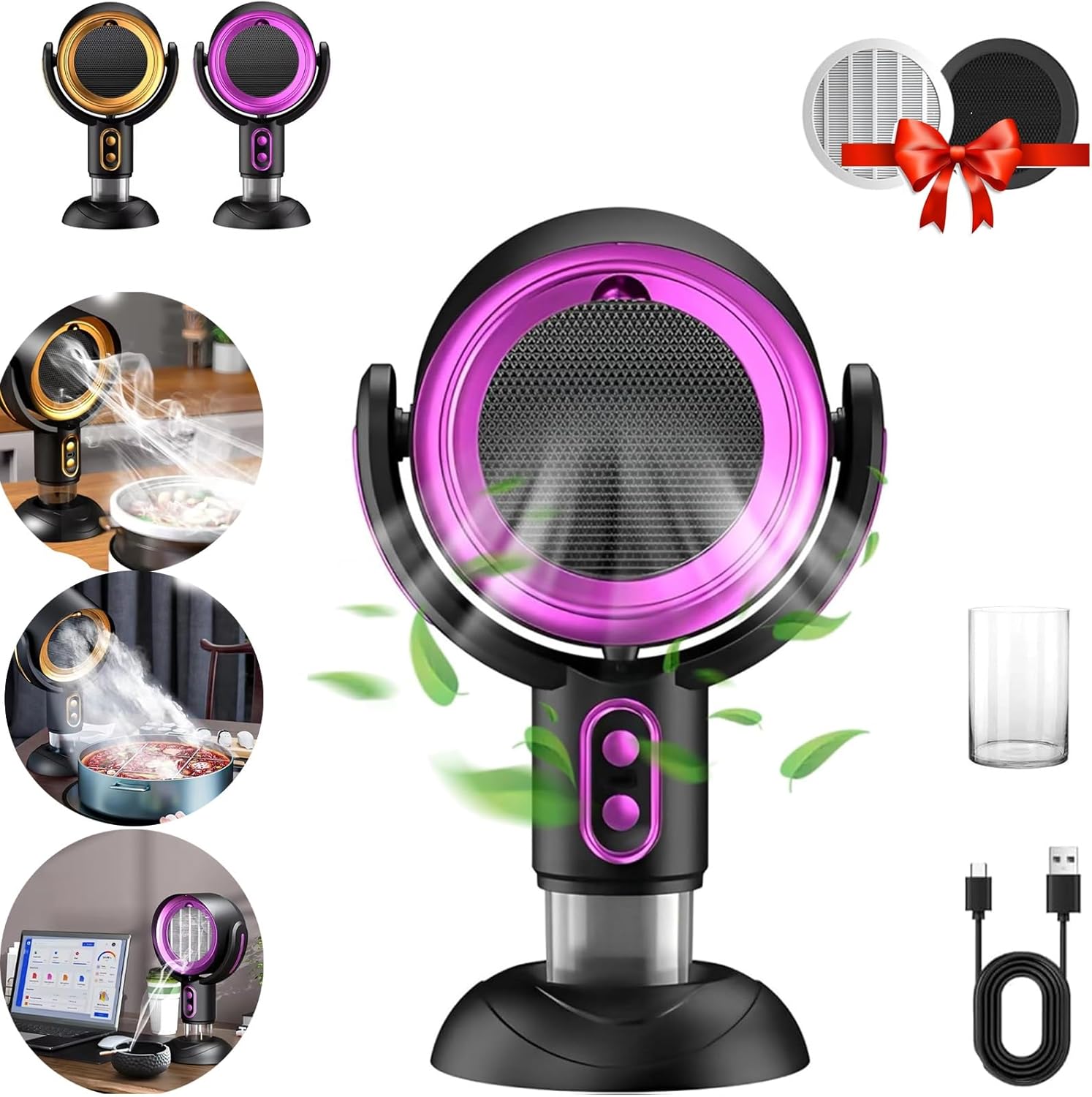 Portable Electric Smoke Away Fan, Rechargeable Air Purifier for Removes Smoke and Odors Smokes Purifier Filters, Smokeaway Fan for Cooking(Purple)