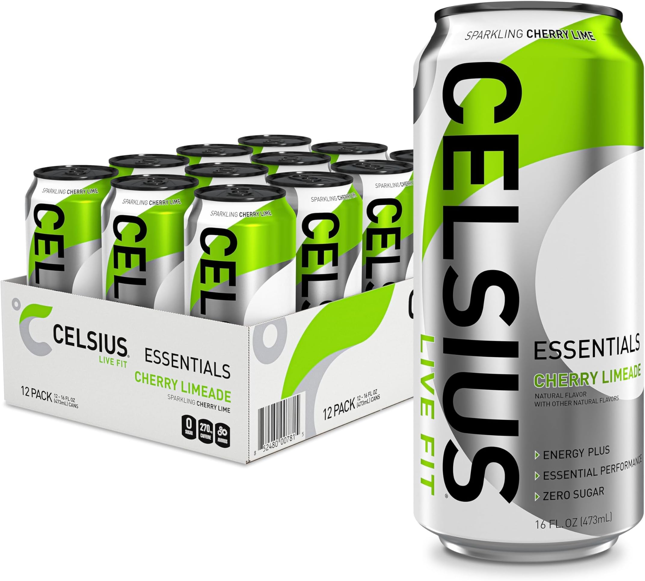 ESSENTIALS, Sparkling Cherry Limeade, Performance Energy Drink 16 Fl Oz (Pack of 12)
