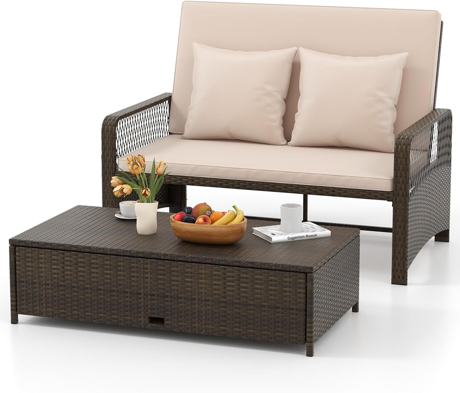 HAPPYGRILL Patio Rattan Daybed Wicker Loveseat Sofa with Multifunctional Ottoman, 4-Level Adjustable Backrest, Zipped Seat Cushion, Wicker Patio Outdoor Daybed for Yard, Porch, Pool (Beige)