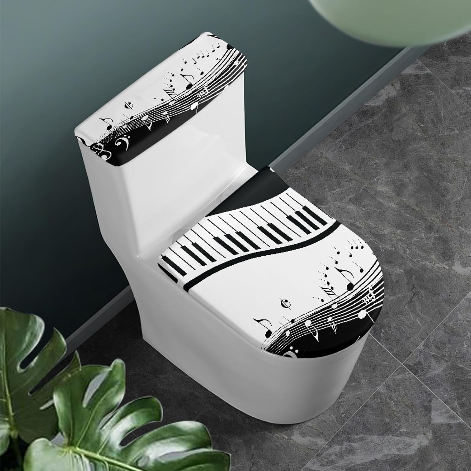 GLENLCWE White Music Note Piano Toilet Seat Lid Cover Set with Toilet Tank Lid Dust Protector,Machine Washable,Set of 2