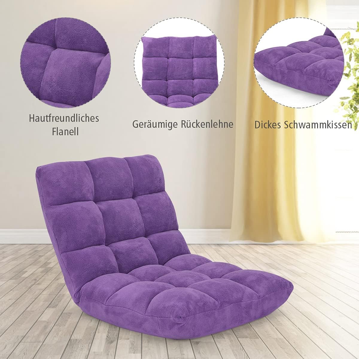FANTASK Silla de Suelo con Respaldo Ajustable, Acolchado, cojín de Suelo, Plegable, Color Morado