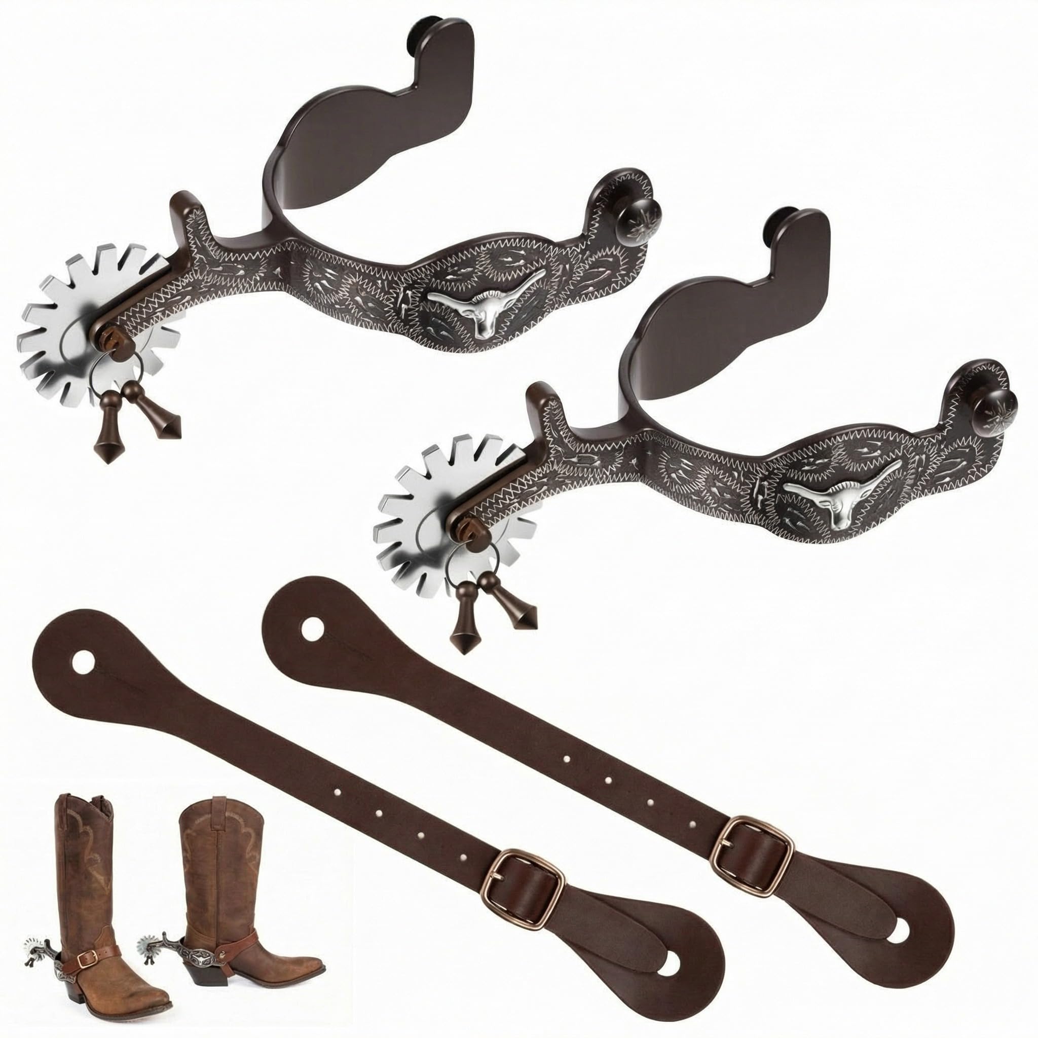 View 1 of 2 Pack Western Cowboy Spurs Paired with 2 Pcs 6 Holes Belt, Brown, Bull