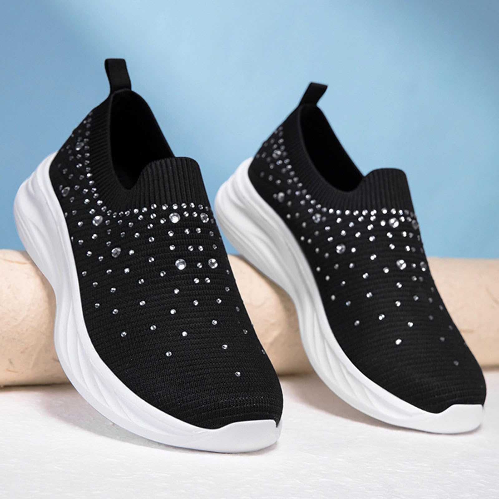 Damskie buty sportowe Y2K Sparkly Slip on Stretch, dzianinowe skarpety trampki z detalami ze strasu, na wieczorne spacery i spacery po mieście