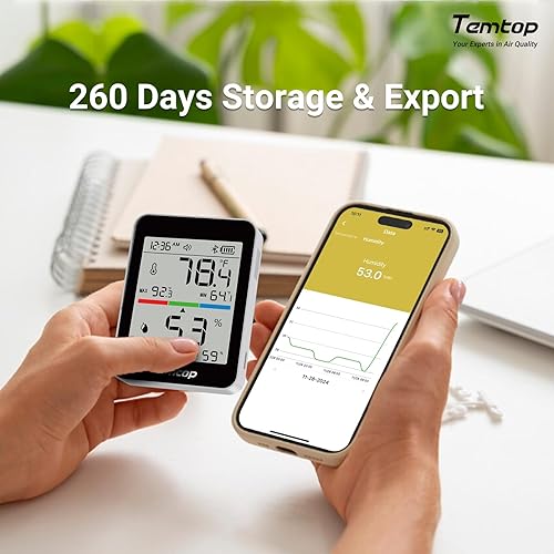 Miniatura 8 de Temtop Medidor de humedad T1, termómetro interior para temperatura ambiente, higrómetro Bluetooth con alertas de notificación, exportación de datos,