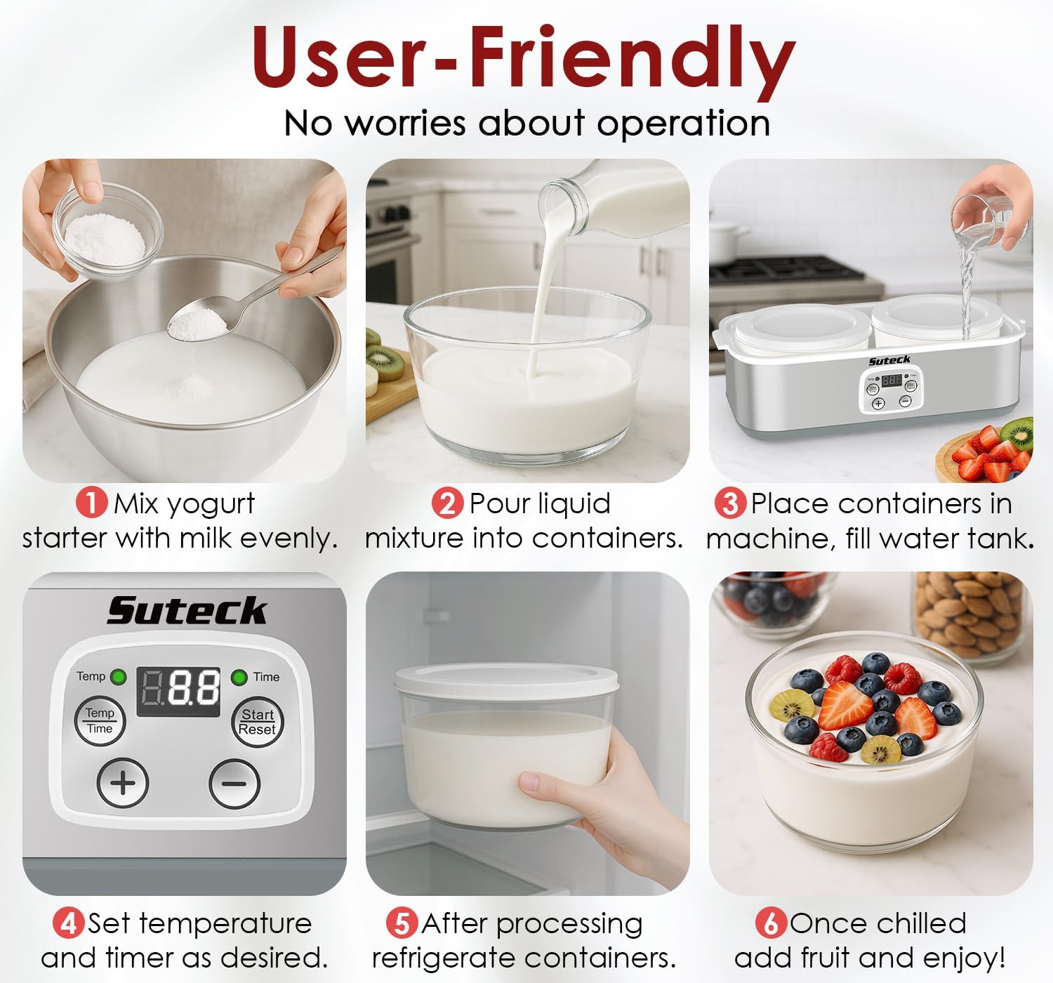 Suteck Yogurt Maker - Stainless Steel Yogurt Makers with Adjustable Time & Temp Control，Automatic Shut-Off & Constant Temper for Homemade Greek, Probiotic Yogurt, BPA-Free 2 Yogurt Bowls (2 Quart)