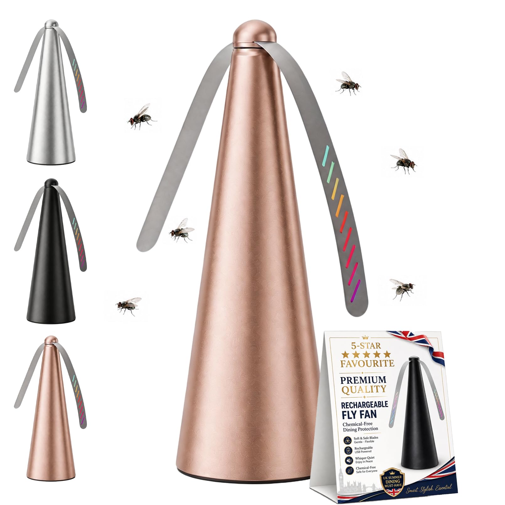 ZHENWO USB Rechargeable Fly Repellent Fan, Fly Deterrent for Table, Double Side Soft Holographic Blades, Portable Effective Fly Repellents Fan for Indoor & Outdoor Picnic, Party Use (Gold)
