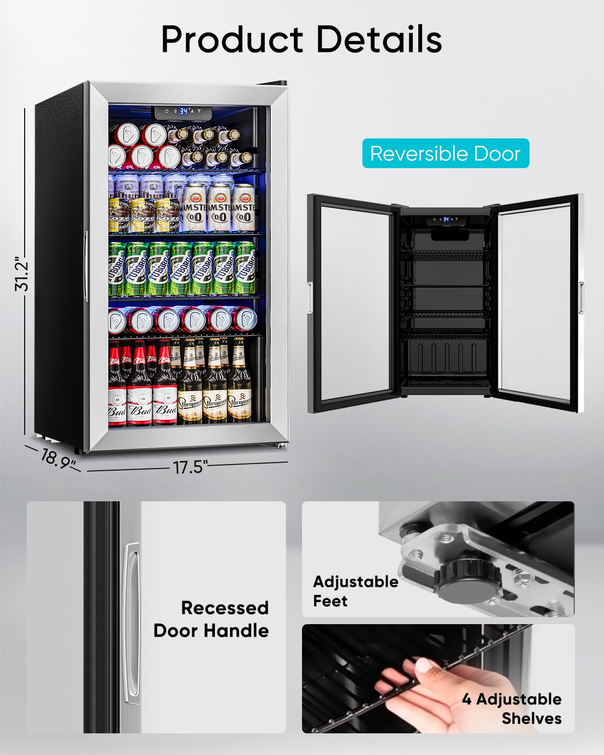 Feelfunn - Refrigerador y enfriador de bebidas, 126 latas, mini puerta de vidrio para refrescos, cerveza, vino, nevera de bebidas no empotrado para el hogar, oficina, bar, 4 estantes ajustables, 3.2