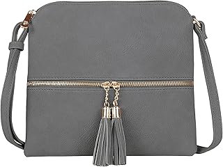 SG SUGU Medium Crossbody Bag Shoulder Bag with Tassel and Zipper Pocket | Lightweight Flat Crossbody Purse, PU Leather Shoulder Purses, Cross Body Handbag with Adjustable Strap for Travel & Daily Use