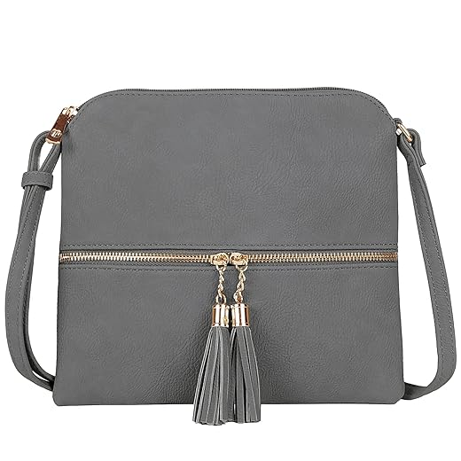 SG SUGU Lightweight Medium Crossbody Bag Shoulder Bag with Tassel and Zipper Pocket (Grey)