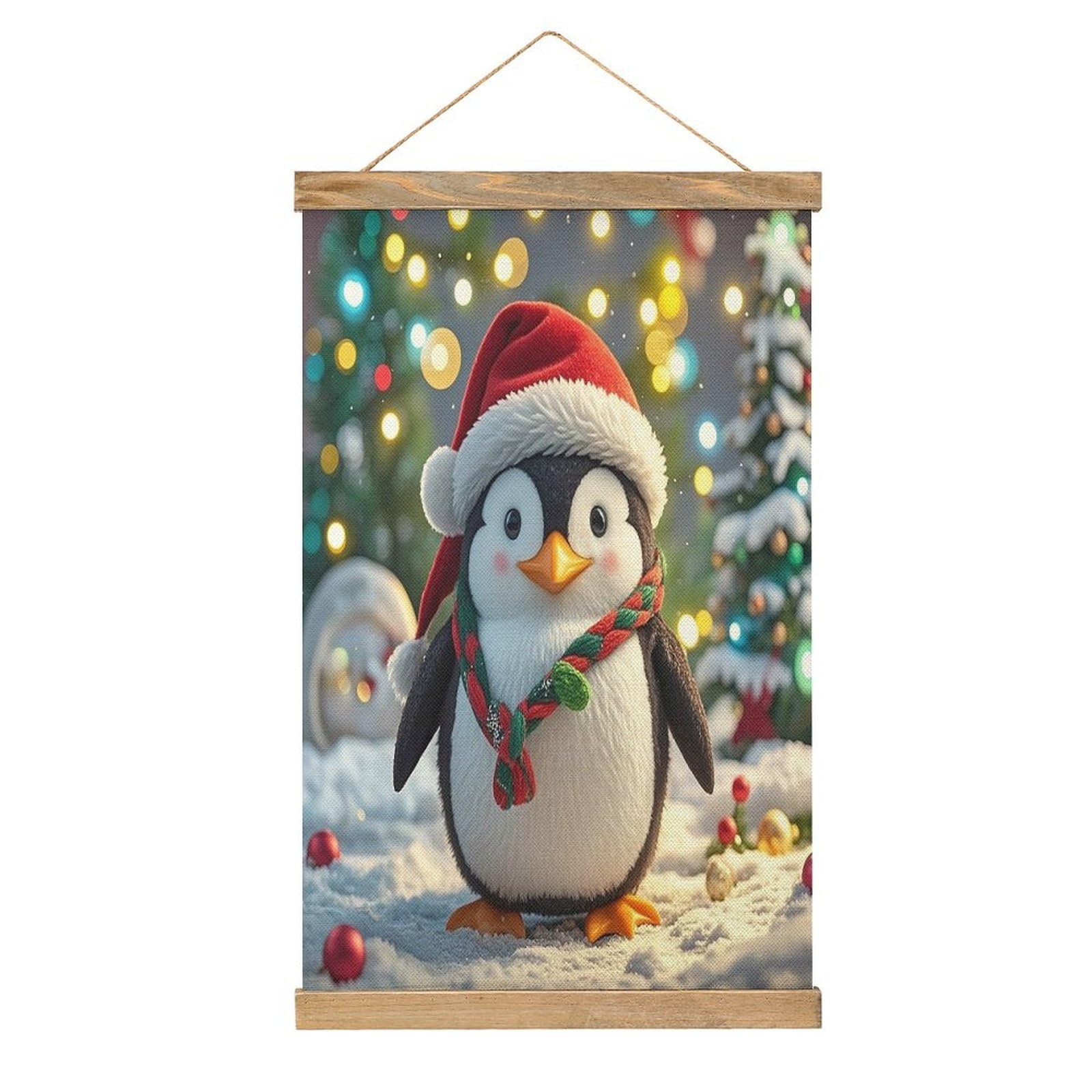 FekiLoot Christmas Funny Penguin Wall Art Poster Hanger Frame Linen Wall Art Decor Vintage Hanging Poster Hanging Wall Decor Rustic Retro Wall Art Print for Living Room Decor 20.4 X 13.1Inches