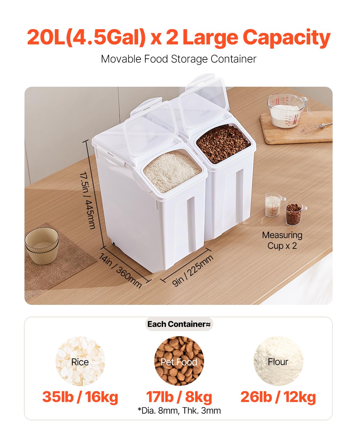 VEVOR Contenedor de Almacenamiento de Arroz, para Perros con Capacidad de 20 L x 2, Contenedor para Harina, Cereales y Granos, para Mascotas con Ruedas, 2 Tazas Medidoras, 360 x 225 x 445±10 mm