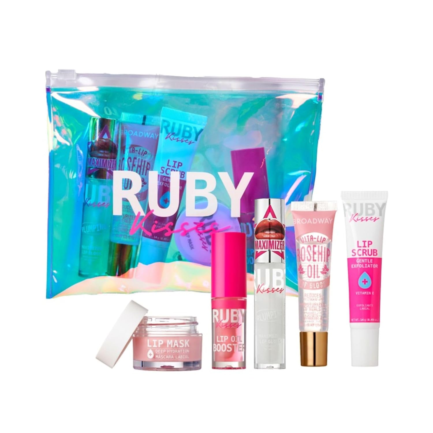Ruby Kisses Value Lip Care Travel Kit With Rosehip Oil Clear Lip Gloss, High Shine Plumping Gloss, Pink Lip Oil Booster, Exfoliating Lip Scrub, Hydrating Intensive Lip Mask + Holographic Makeup Bag Ruby Kisses Value Lip Care Travel Kit With Rosehip Oil Clear Lip Gloss, High Shine Plumping Gloss, Pink Lip Oil Booster, Exfoliating Lip Scrub, Hydrating Intensive Lip Mask + Holographic Makeup Bag