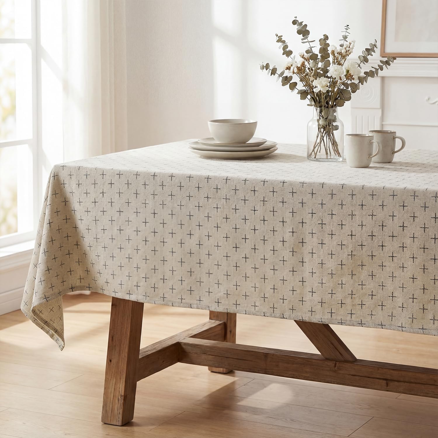Horaldaily Beige Rectangular Table Cloth, Cross-Star Solid Textured Embroidery Tablecloth, Wrinkle Free Washable 60×84 Inch Table Cover for Kitchen, Party, Wedding, Picnic, Outdoor