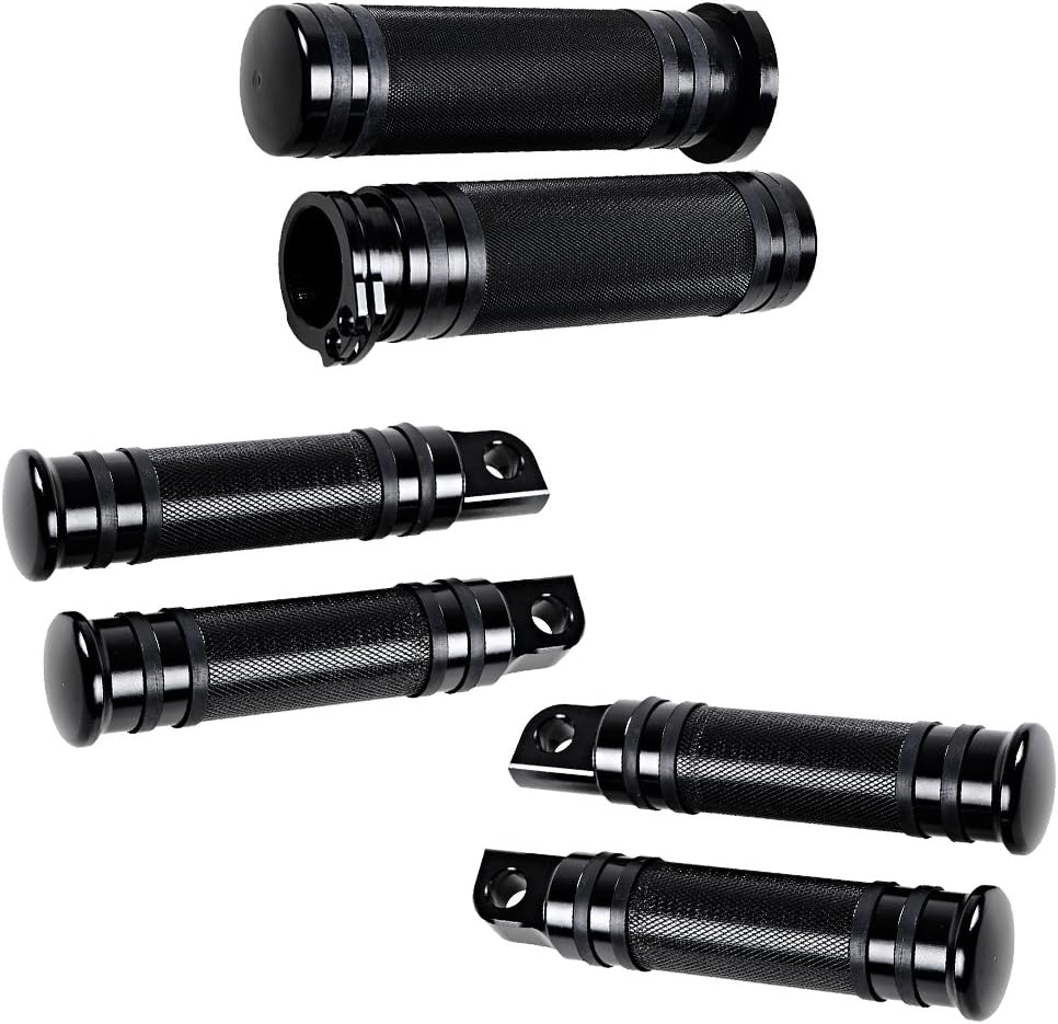 Black CNC Front & Rear Footpegs + 1" Handlebar Hand Grips Compatible with Harley Touring Softail Dyna Sportster XL XR Male Mount