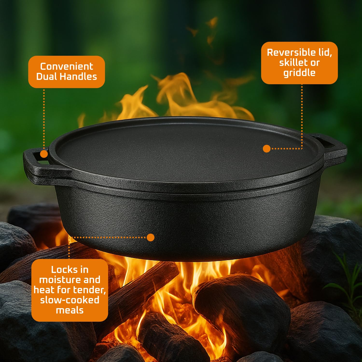 Sartén de hierro fundido 3 en 1 con tapa reversible para parrilla, sartén redonda de 6.8 cuartos de galón para freír, asar a la parrilla, cocinar al horno holandés, utensilios de cocina de 4