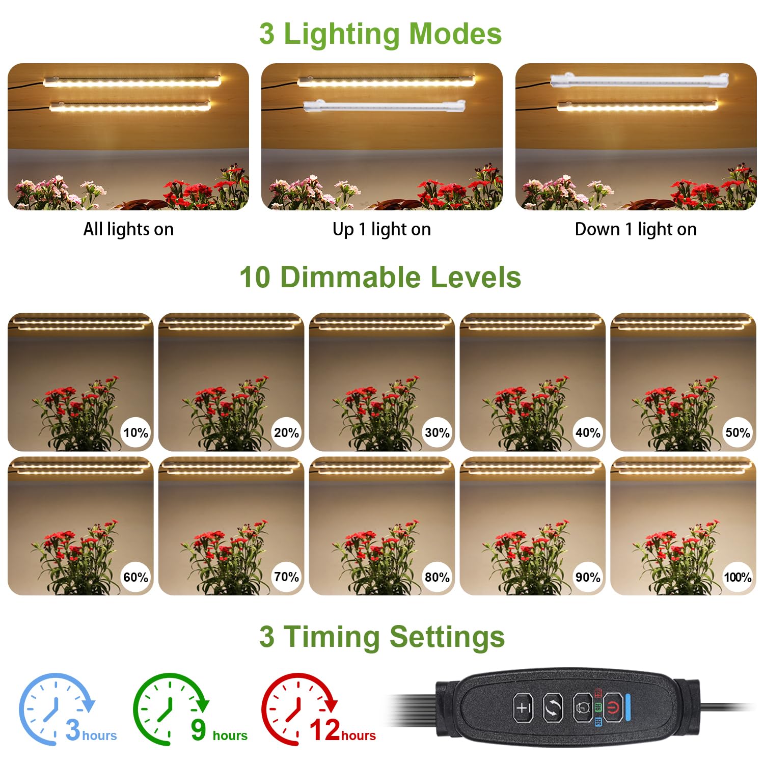 Lot de 2 bandes lumineuses à DEL de 21,8 cm, spectre complet 3500 K pour plantes d'intérieur, 2 têtes avec minuterie de 3/9/12h, 10 niveaux à intensité variable, idéales pour les semis, les