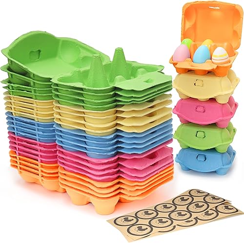 Qiic Cartones de huevos para huevos de gallina, cartones de huevos coloridos de Pascua con etiquetas, papel de pulpa natural para almacenar huevos