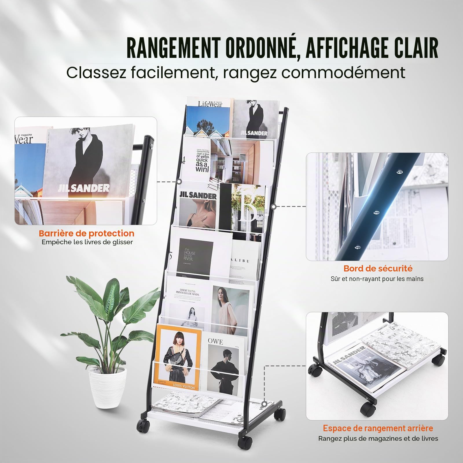 VEVOR Présentoir à Brochures 6 Niveaux, Porte-Brochures sur Pied avec 4 Roulettes (2 Verrouillables), Porte-Revue Cartes de Vœux, Magazines, Journaux, pour Magasin Bureau Salon Foire Exposition