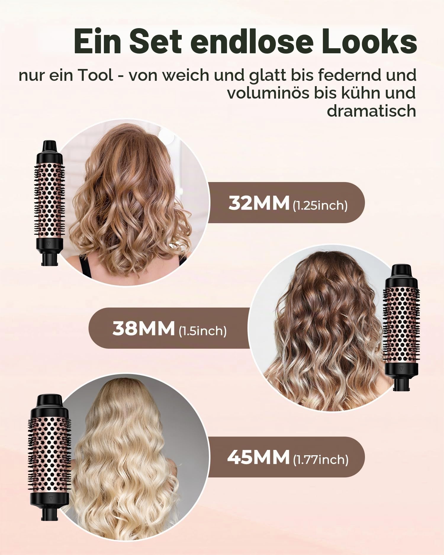 Farery Lockenstab Thermal Brush, 9 Temperaturen Heiße Bürsten für mittleres bis dickes und grobes Haar, schnell aufheizende keramische Heißbürste, austauschbare Bürstenköpfe, mit Dual-Spannung.