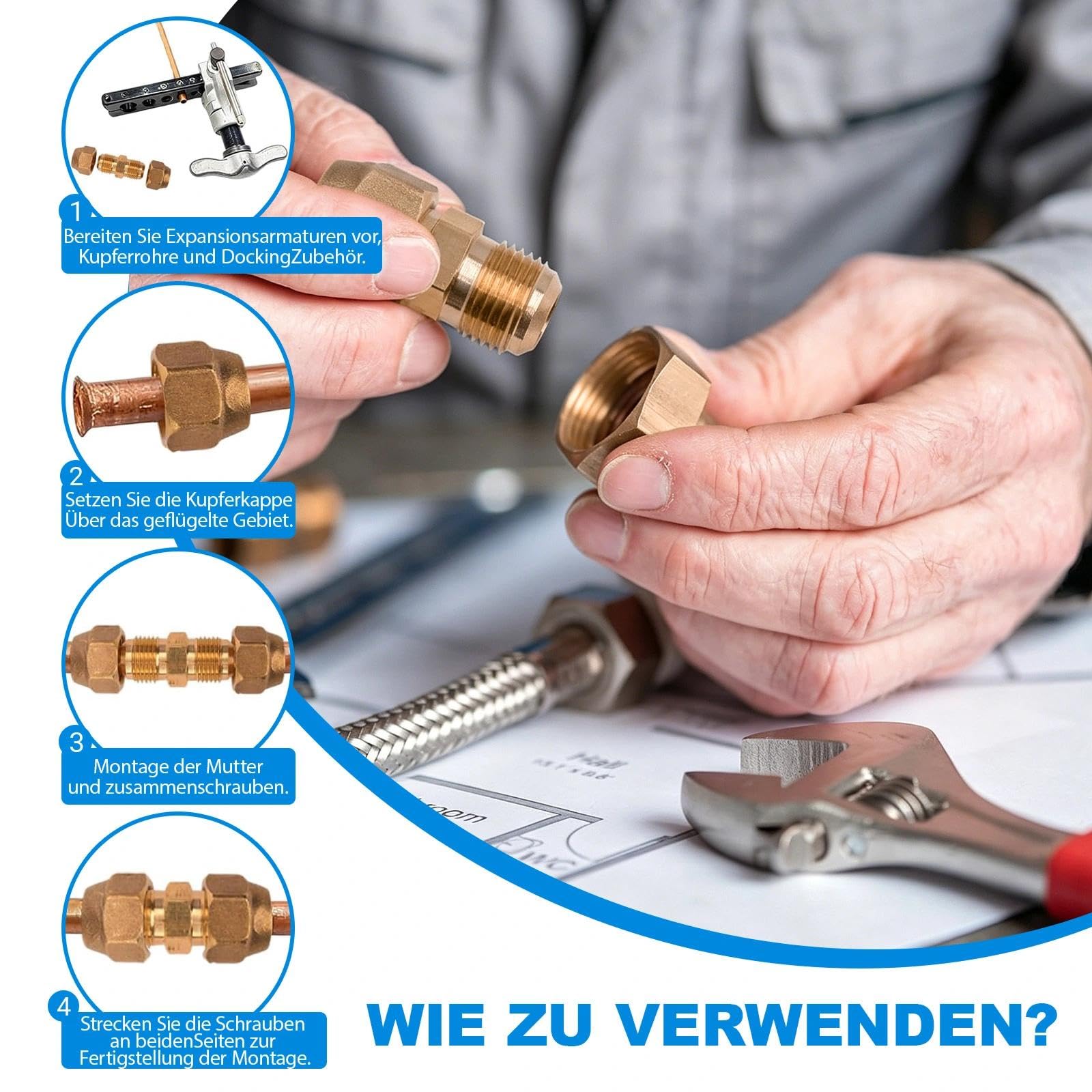 4 Stück Rohrverlängerungs-Verbindungsset, 2x 1/4" + 2x 3/8" mit Überwurfmutter, Schweißfreier Rohrverbinder für Split-Klimaanlagen & Kältemittelleitungen