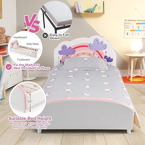 Miniatura 98 de Costzon Base de cama individual para niños, plataforma de cama individual tapizada de madera con soporte de listones, cabecera y estribo acolchados