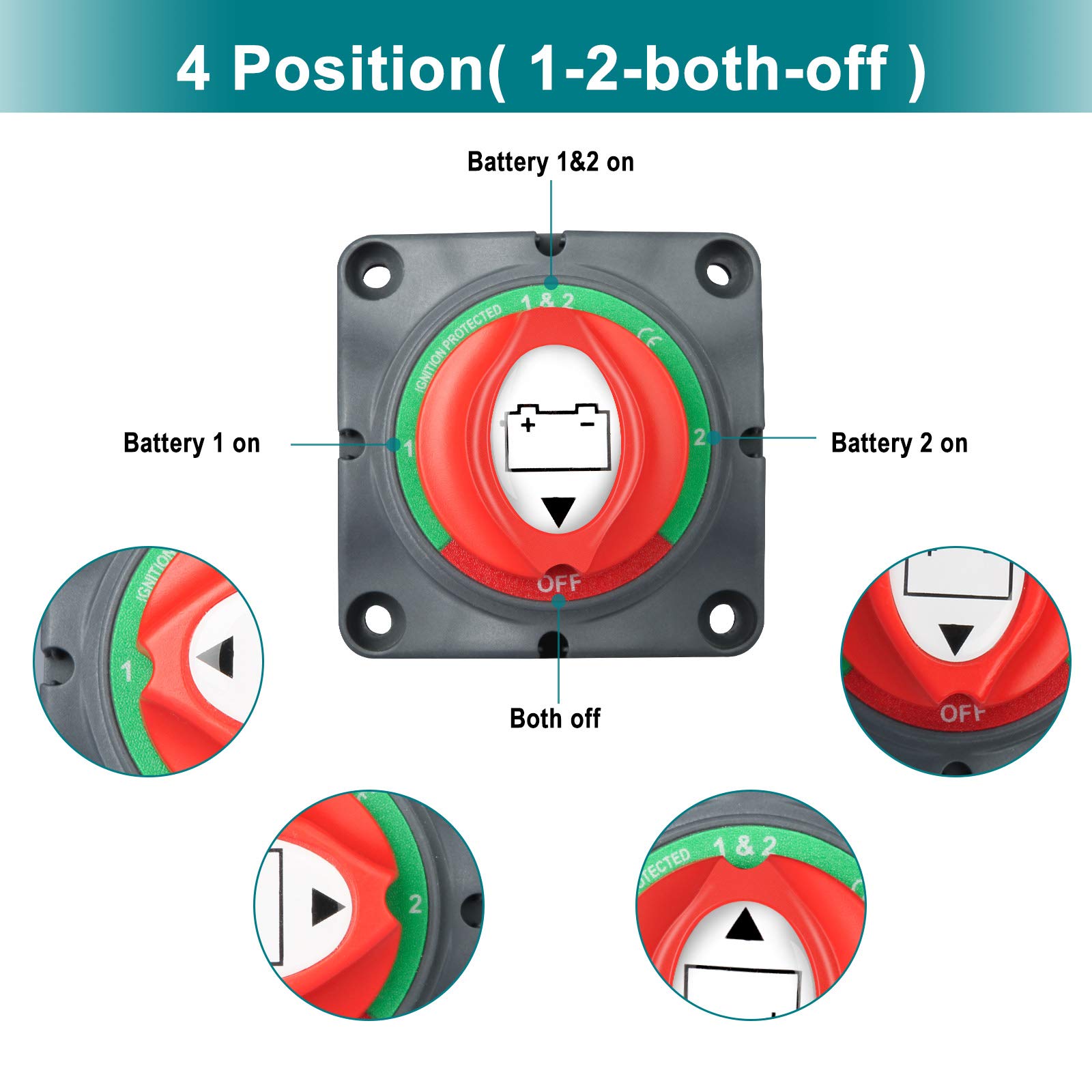EEEKit Battery Isolator Switch, 12V48V 4 Position Battery Master Power Cutoff Kill Switch, Car