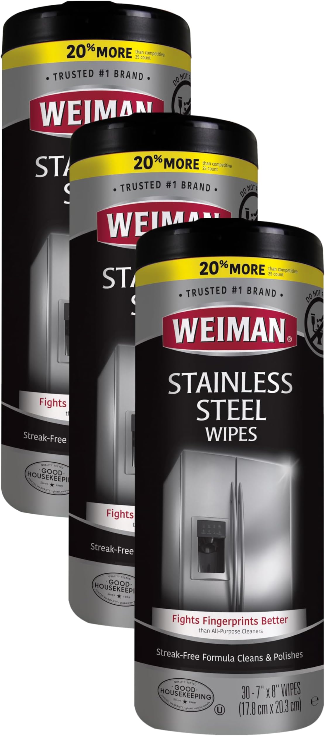 Weiman Stainless Steel Cleaner, 30 Count Cleaning Wipes, Grime, and Grease, No Streaks or Residue, Stainless Steel Polish for a Sparkling Clean and Shiny Surface, Cleaning Supplies (Pack of 3)
