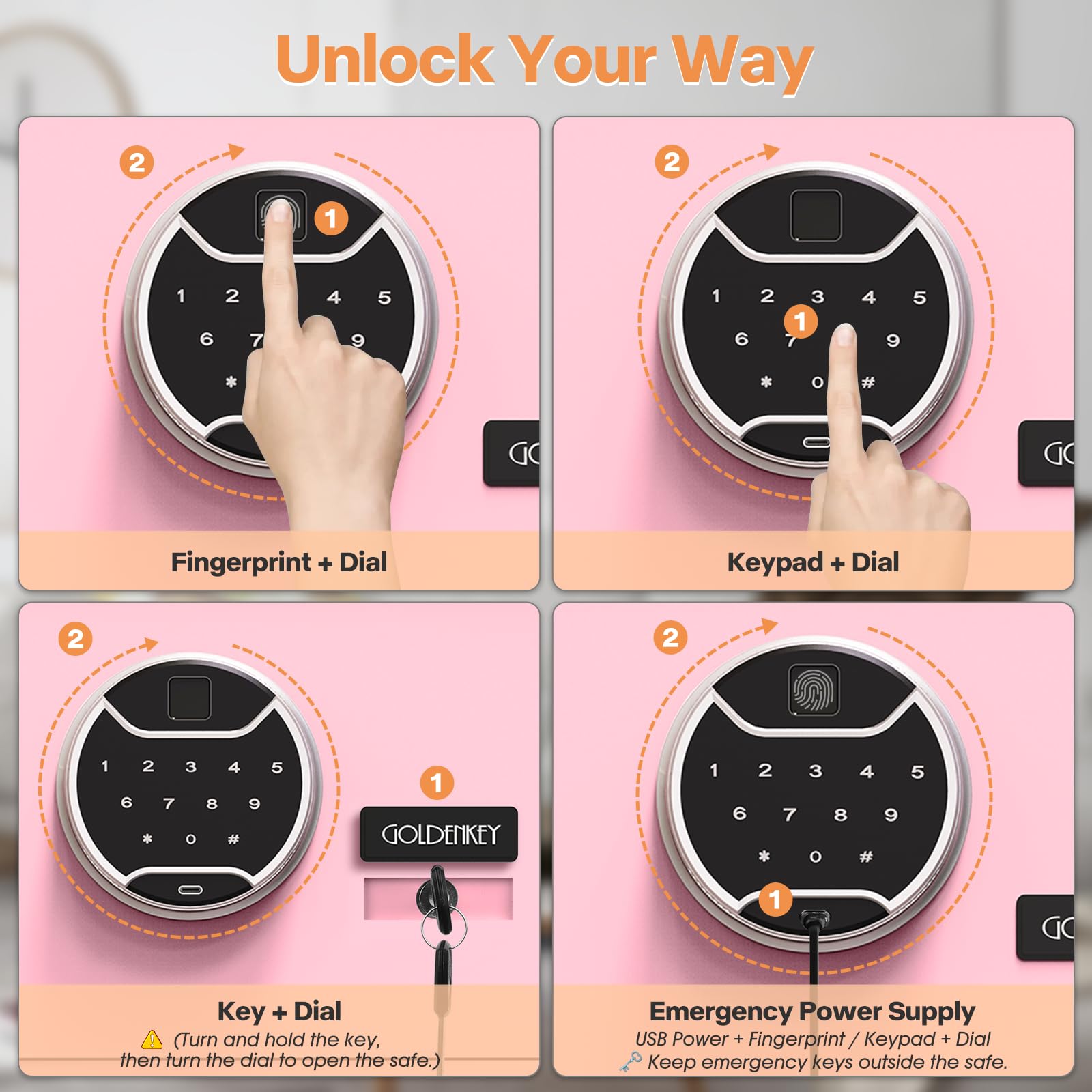 GoldenKey Cassaforte per impronte digitali rosa, cassaforte di sicurezza biometrica da 1,6 m Cu Ft con tastiera touchscreen, cassaforte per gioielli per contanti, cassaforte impermeabile ignifuga per