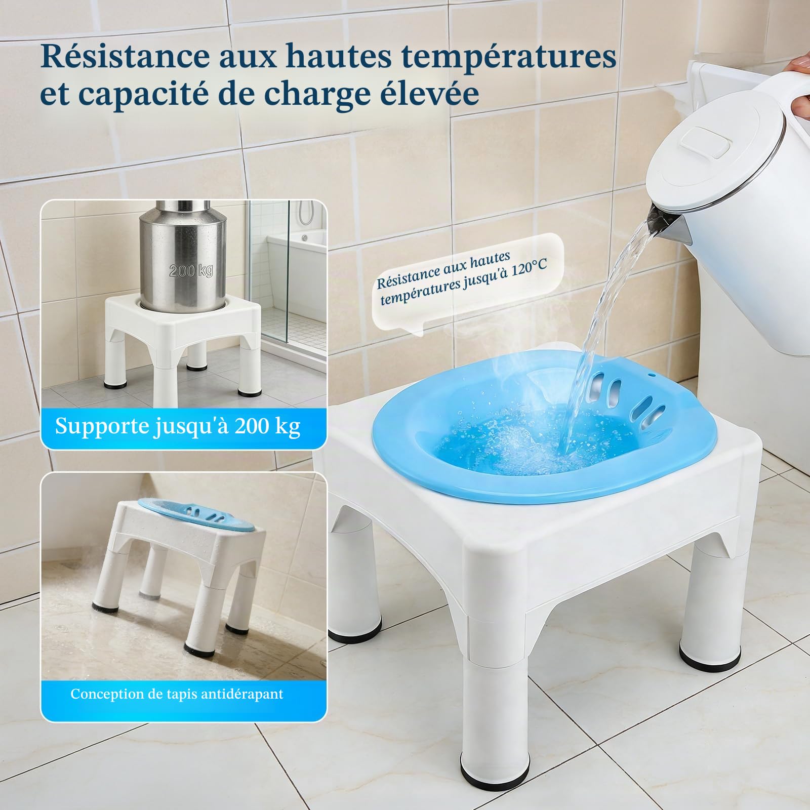 Bain de siège pour hémorroïdes – Baignoire d'assise portable adulte avec tabouret et fonction rinçage amovible, soin post-partum, compatible sel d'Epsom, pour un soulagement efficace à domicile