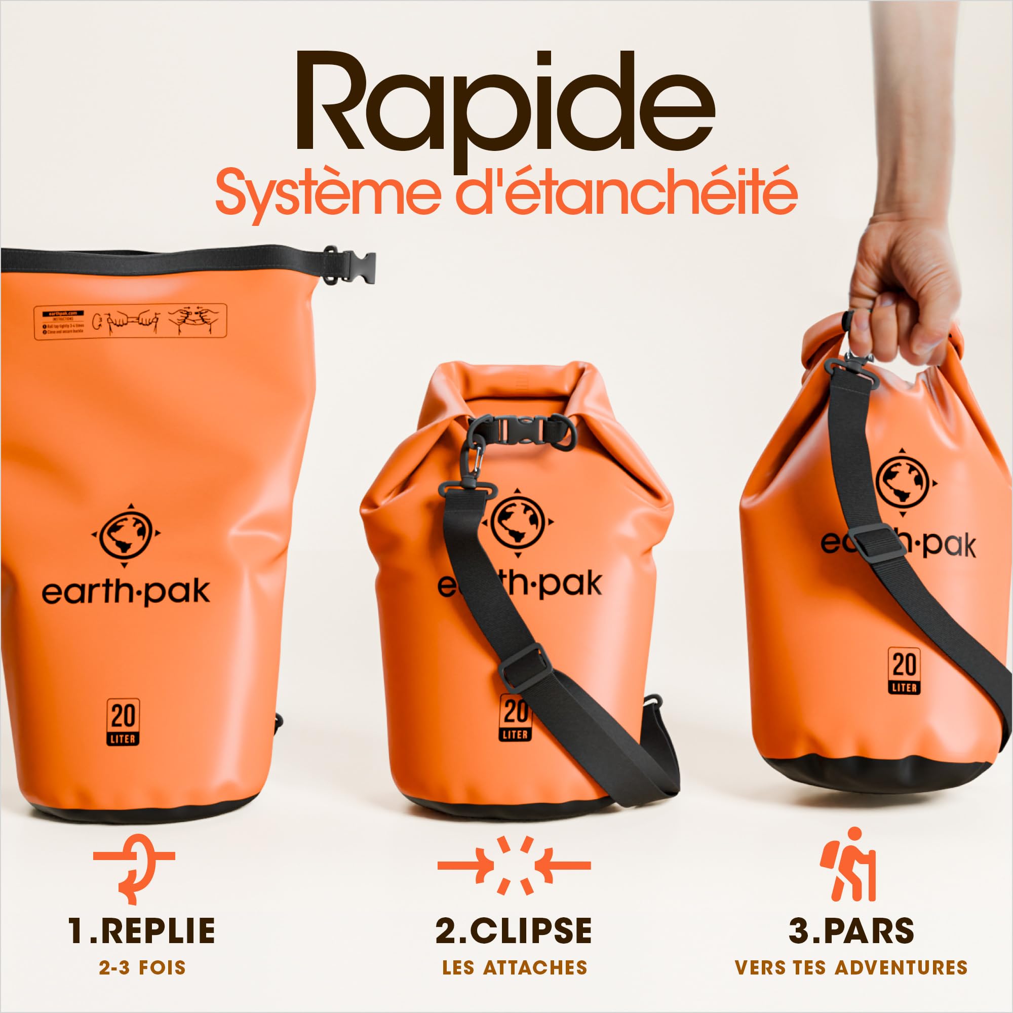 Earth Pak – Wasserdichter Packsack mit Schultergurt und wasserfester Handyhülle – Ideale Rolltop Tasche beim Kajak Fahren, Wandern, Camping, Angeln, Bootfahren und Rafting