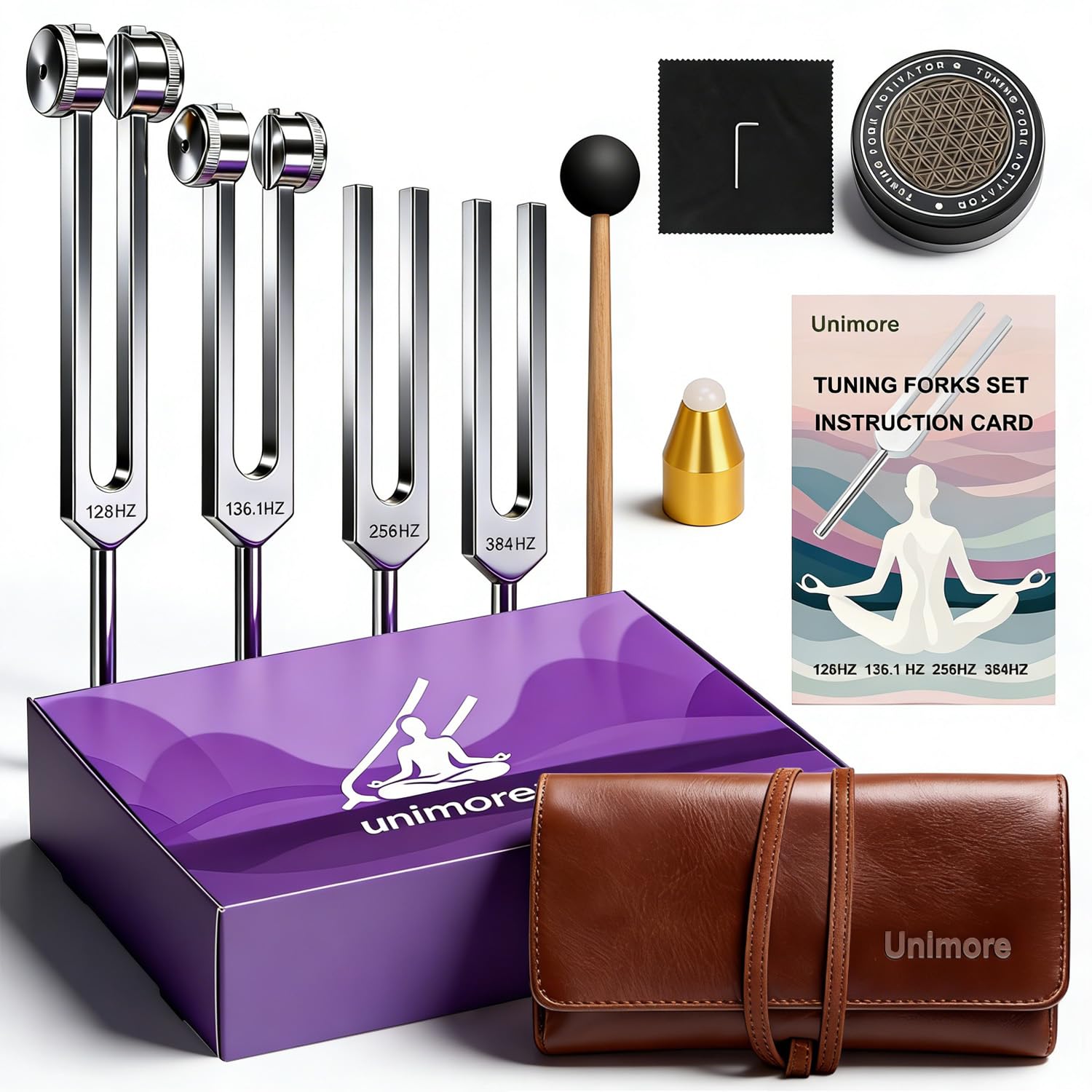 Stimmgabeln für Heilung Set, inklusive 128 Hz, 136 Hz, 256 Hz, 384 Hz & Aktivator, Edelsteinfüße, Yoga und Meditation, Zubehör in medizinischer Qualität, Klangtherapie-Musik-Stimminstrumente mit
