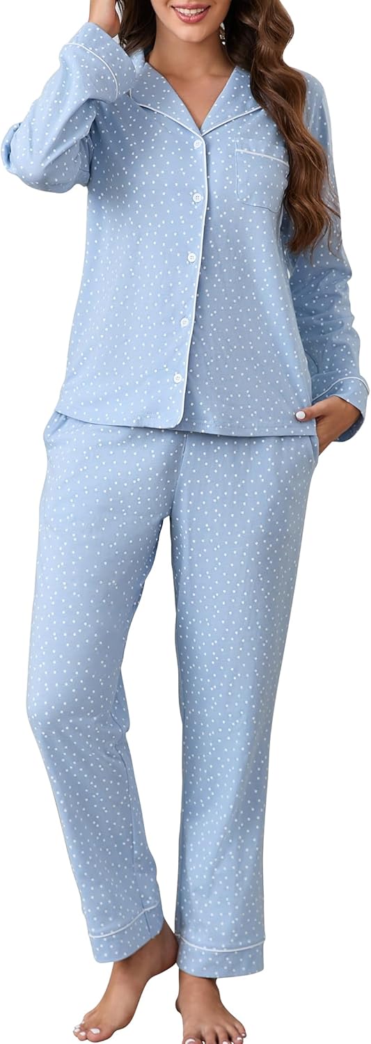 LUBOT 100% Cotton Pajamas for Women PJ Set Soft Button-Down 2 Piece Set Knitted Long Sleeve Sleepwear Loungewear XS-XXL