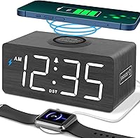 DreamSky Wooden Wireless Charging Alarm Clock - Large Numbers, USB Port, Dimmable Brightness, Adjustable Volume, DST for Bedroom Nightstand